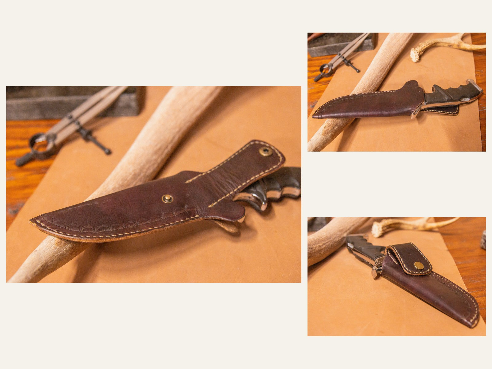 Brown fitted leather knife sheaths with contrasting edge stitching and snap closures