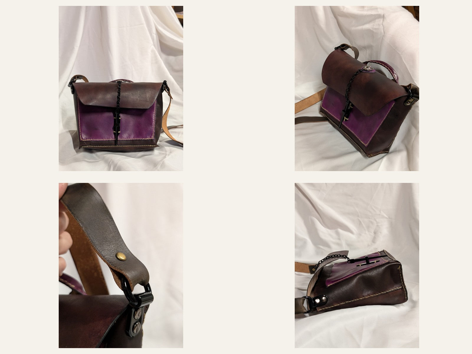 Brown and purple flap-top leather satchel with top handle, shoulder strap, and chain detail