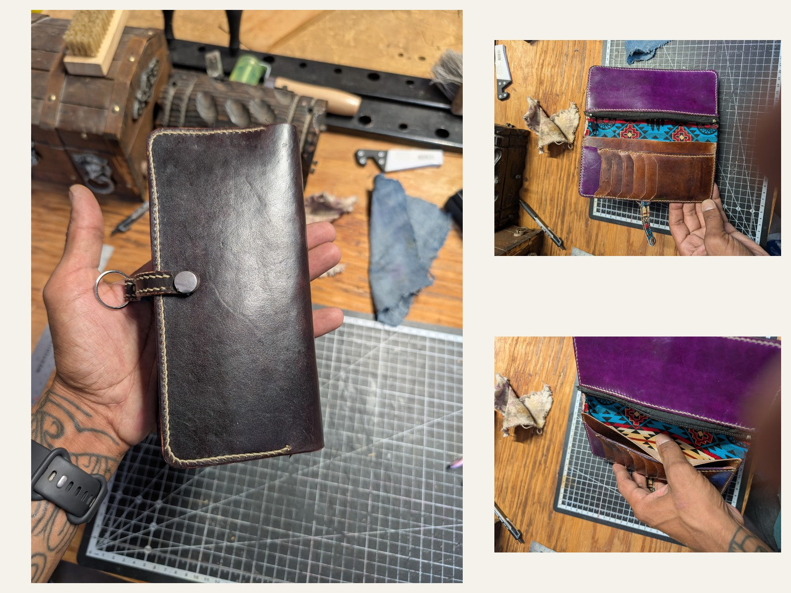Dark long wallet with purple interior panels and a colorful patterned center compartment