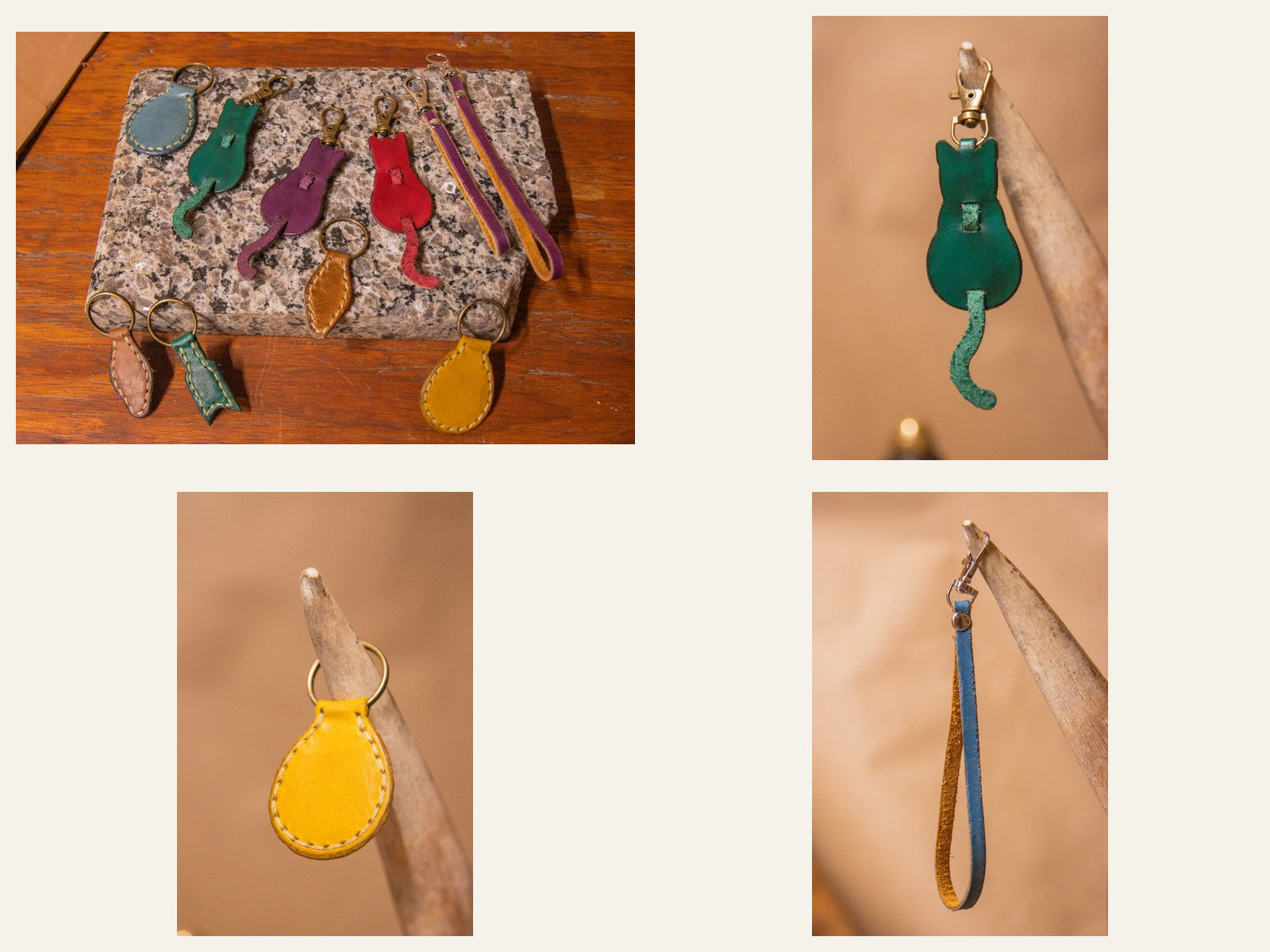 Colorful leather cat keychains, rounded tags, and wrist loops with metal hardware
