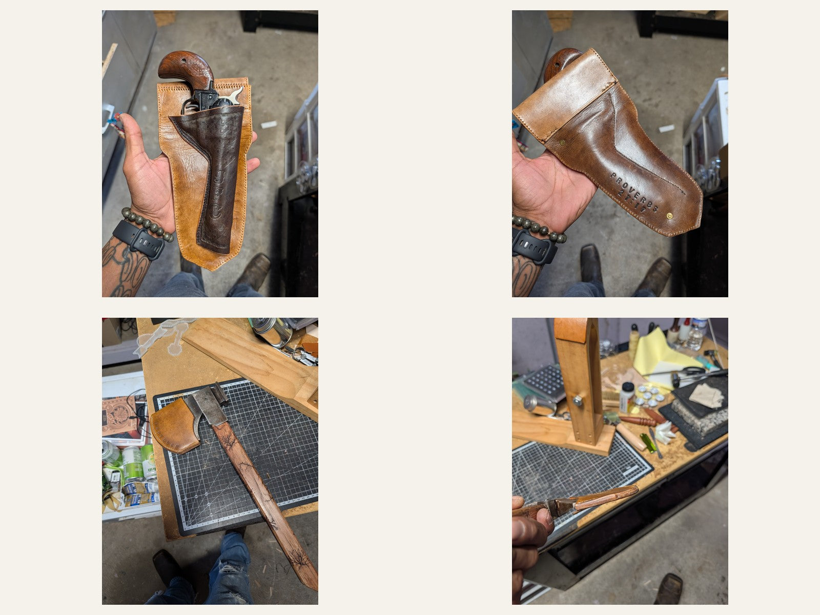 Custom leather revolver holster and long stitched scabbard shown from several workshop angles