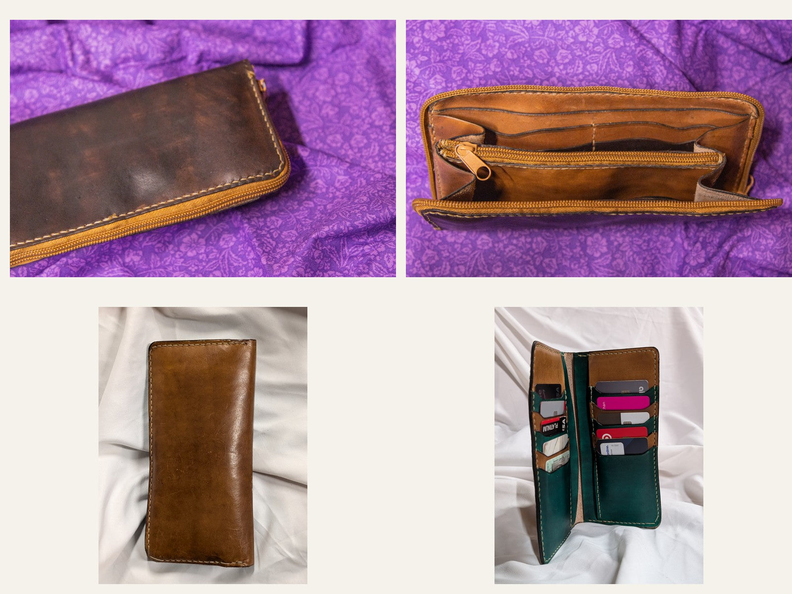 Brown hand-stitched long wallets with zip storage, card slots, and divided interiors
