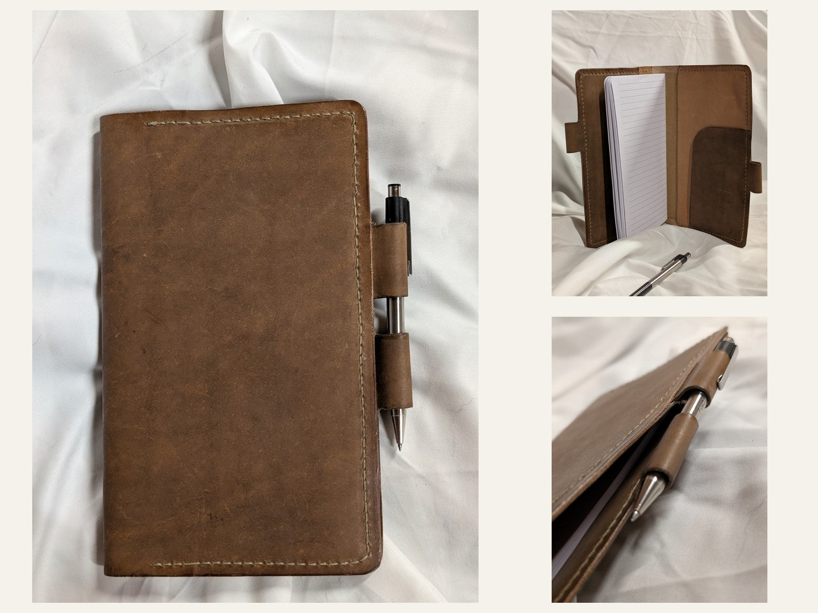 Brown stitched leather notebook folio with closure tab and pen loops shown open and closed