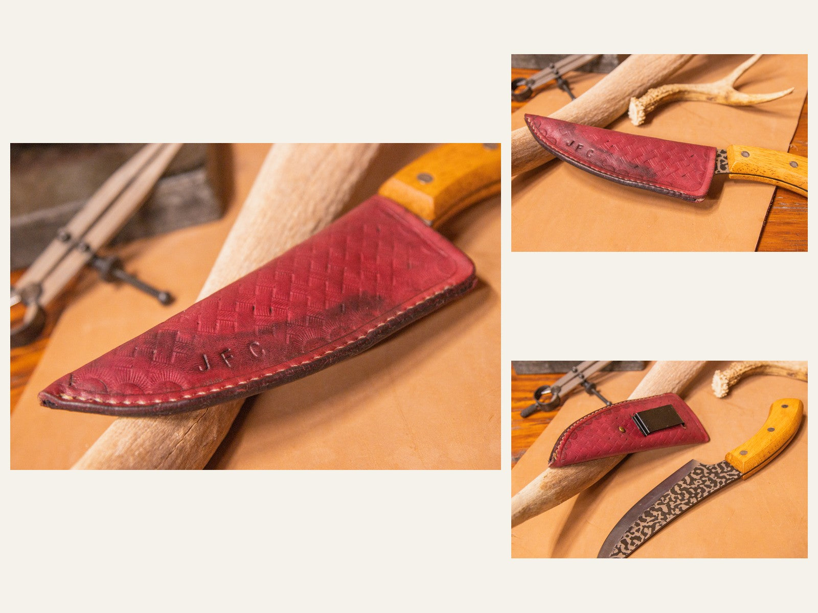 Textured red leather knife sheath with contrasting stitch line and rear belt clip