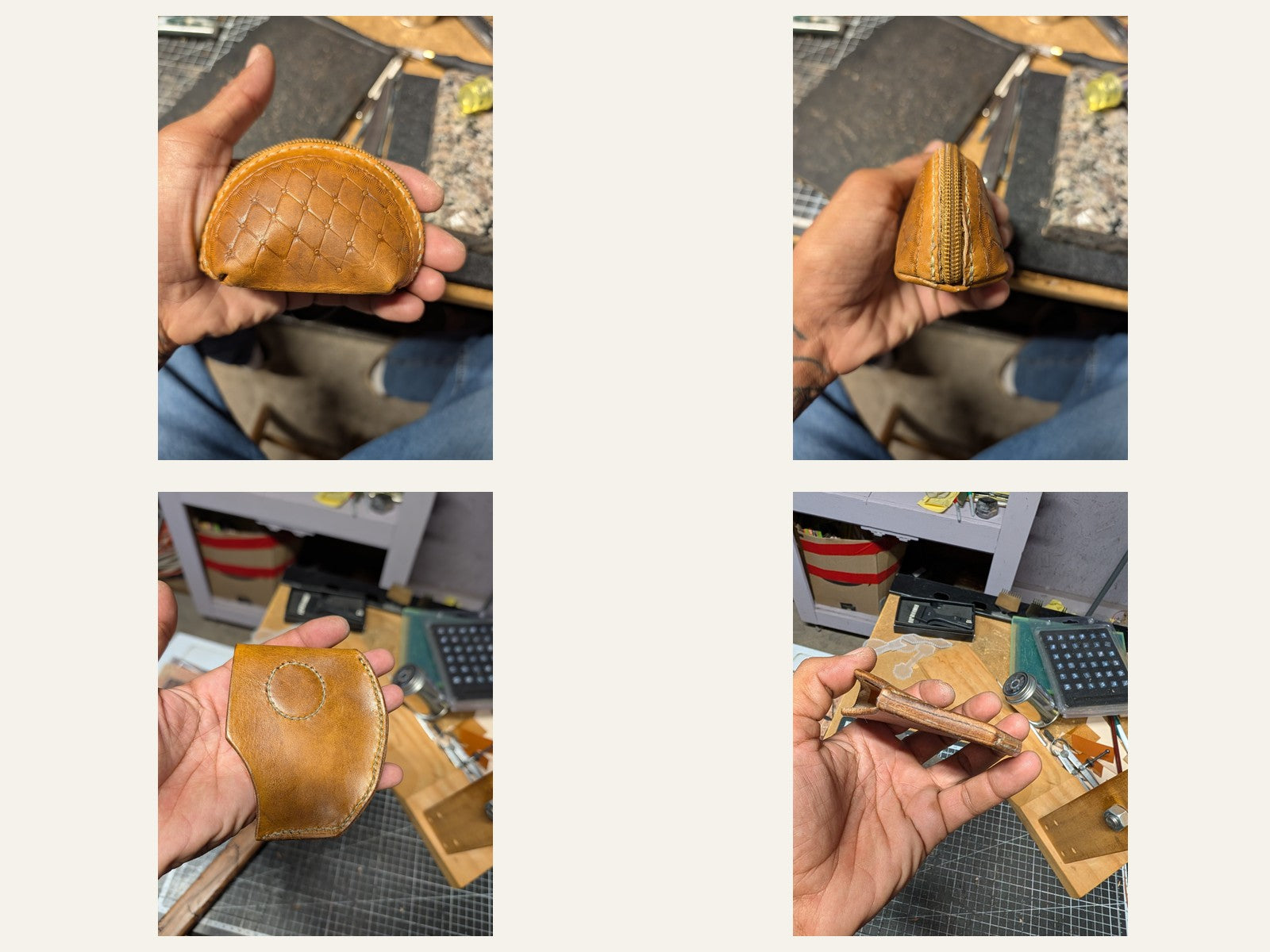 Small rounded brown leather pouches with decorative surfaces and stitched edges