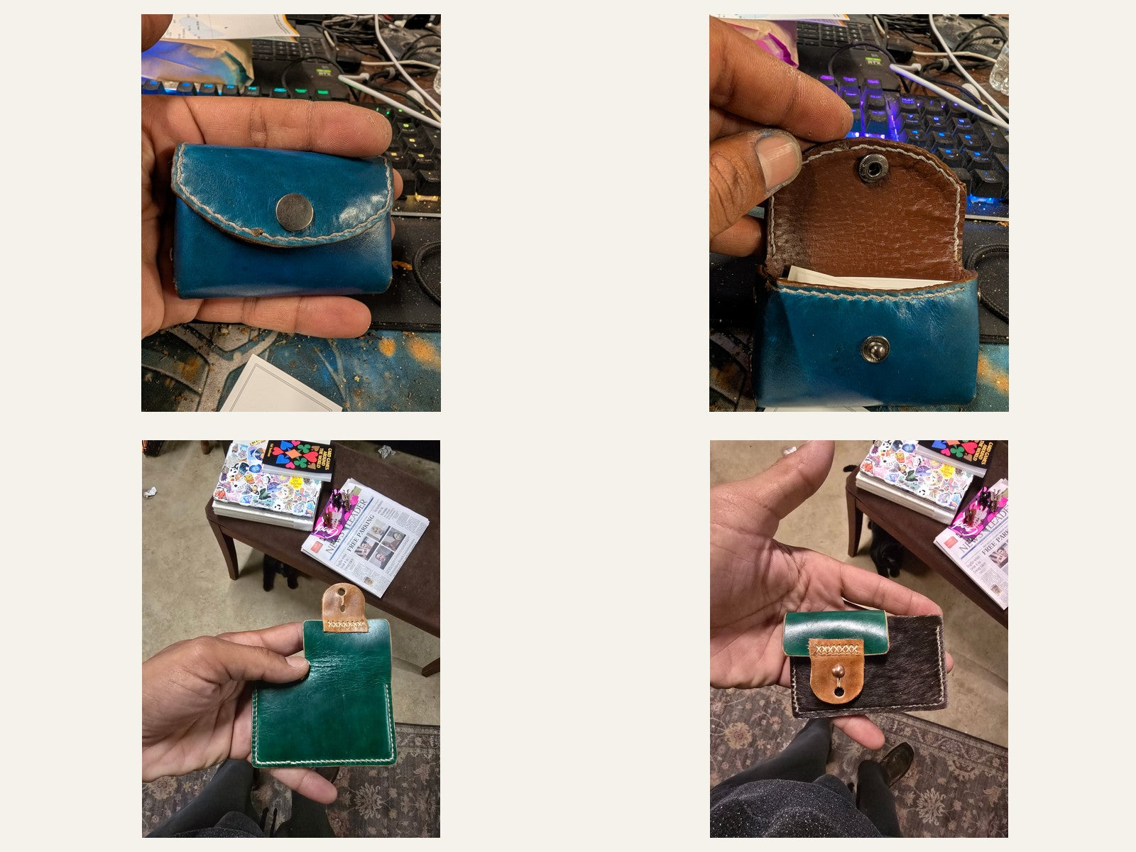 Blue and green compact leather wallets and snap pouches shown open and closed
