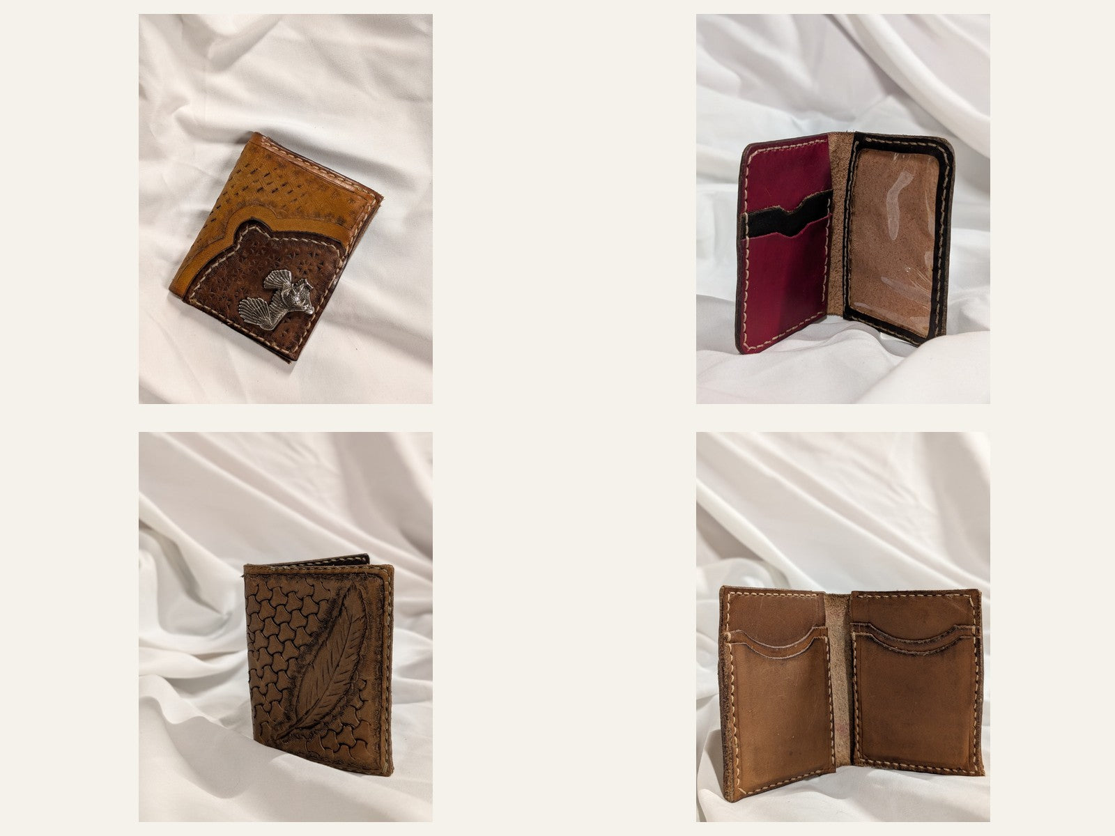 Compact leather bifold wallets with contrasting panels, carved textures, and curved pockets